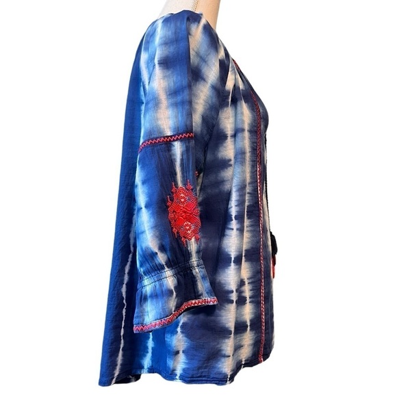 CAFFE MARRAKESH WOMENS BLUE TYE DYE TOP SIZE LARGE LIGHTWEIGHT AND FLOWY - Picture 4 of 11